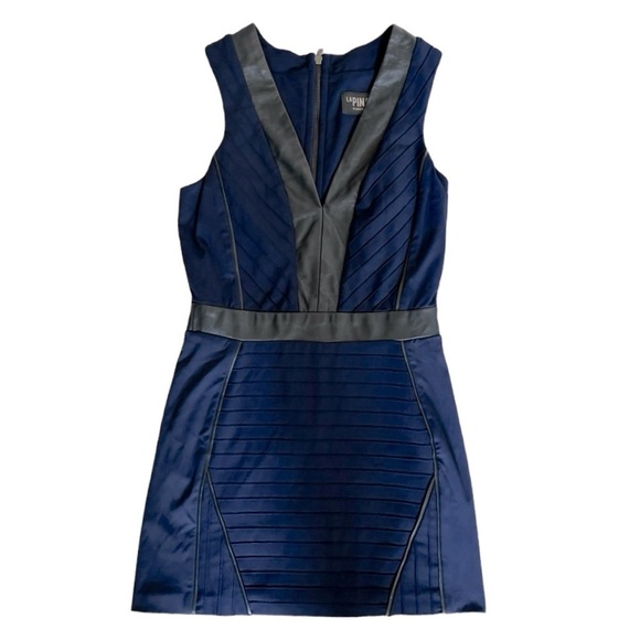 LaPina by David Helwani Navy Bandage Bodycon Mini Dress Faux Leather Trim Y2K - Picture 6 of 10